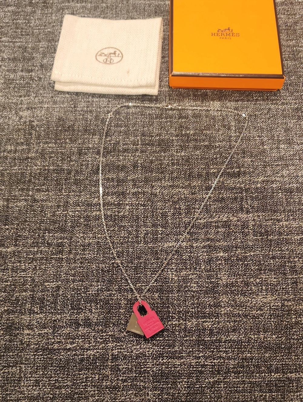 Hermes Pink and Silver Padlock Pendant Necklace